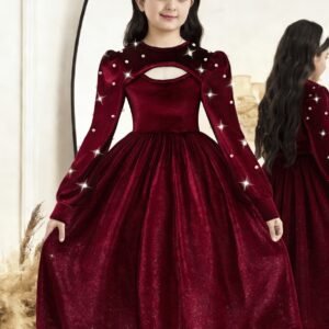 Robe de la Saint-Valentin rouge pour enfants 8-12 ans, Tenue de la Saint-Valentin en velours, Robe de demoiselle d'honneur de mariage pour enfants, Robe en velours avec perles, Robe de fête de mariée 8-12 ans, Motif ajouré, Robe de fête de mariage rouge