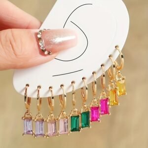Ensemble de 5 paires de boucles d'oreilles style bohème avec pendentifs géométriques colorés en synthétique, en forme de goutte, rectangulaire ou cœur pour femmes | Fer et alliage, idéal pour le quotidien et les vacances