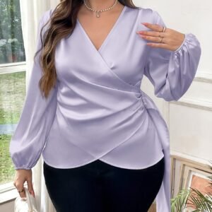 Chemise Élégante à Manches Longues, Col en V, Volant Asymétrique et Perles, Taille Grande, Couleur Unie