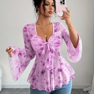 T-shirt femme à manches cloches en mesh transparent, motif floral et panneau avant - Blouse élégante pour le printemps/l'automne, tenue décontractée ou habillée - Haut circulaire lavable en machine