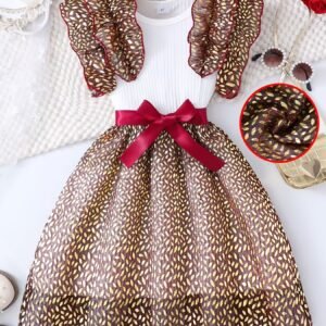 Robe de princesse pour filles avec manches à volants et motif floral doré en relief | Intérieur en tricot, jupe en organza avec ceinture à nœud, col rond, parfaite pour les fêtes d'anniversaire d'été et les séances photo