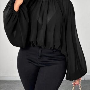 [Mode Stylée] Blouse Chiffon Élégante à Manches Ballon et Col à Volants pour Femmes Grande Taille - Couleur Unie pour Déclarations de Mode Stylées