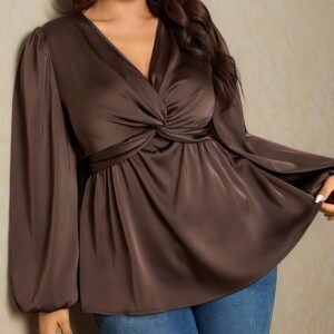 Chemise Satinée Élégante à Col en V et Nœud Torsadé pour Femmes Grande Taille - Blouse à Manches Haute Taille A-Line pour Printemps Été Automne, Haut Discret pour Femmes Courbées (Lavage à la Main/Séchage)