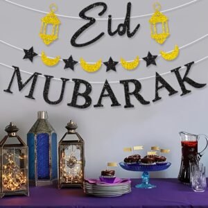Bannière de Fête Eid Mubarak avec Étoile, Lune, Lanterne, Lettres Noires, Dorées et Bleues, Décoration de Fête, Guirlande de Lettres Pailletées Lune