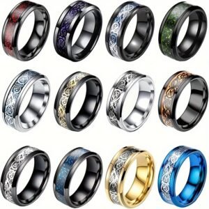 12 pièces de bagues en acier inoxydable 201 pour hommes et femmes, bague celtique dragon cintrée noire, ensemble de bagues dorées en acier inoxydable 201 taille 7-13, métal non précieux