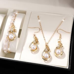 4 Pièces Ensemble de Bijoux Style Boho, Faux, Collier, Bracelet, Boucles d'Oreilles Combo pour Femmes, Polyvalent pour Tenue Quotidienne et de Fête