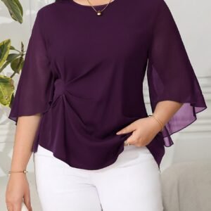 Blouse grande taille pour femme, classique, unie, simple, élégante, décontractée, quotidienne, à col rond, manches mi-longues à volants irréguliers, tenue de bureau professionnelle digne pour femme ronde