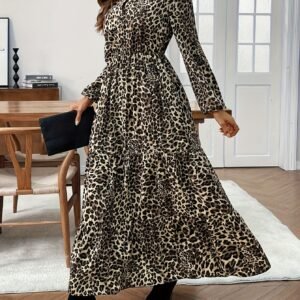 Robe décontractée pour femmes avec un col en V, des manches lanternes et un ourlet à volants, imprimé léopard automnal, avec un design long vintage et élégant