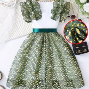 Robe Verte pour Fille, Tenue de Fête de Fin d'Année, Robe de Fête, Robe Verte, Jupe Ample à Ourlet Volanté et Col Rond en Tulle à Paillettes, Vêtement Doux de Fête, Convient pour les Rendez-vous de Jeu, les Fêtes, les Tenues Décontractées pour Enfants, Parfaite pour les Robes de Fête d'Anniversaire