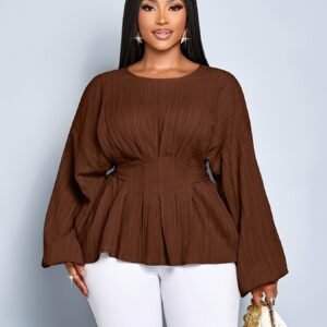 Chemise grande taille pour femme, mode grande taille, couleur unie, coupe ample décontractée, vêtement d'extérieur, manches chauve-souris à plis profonds, manches longues, haut décontracté ample, haut court noué dans le dos, chemise à manches longues à nouer, col rond, couleur unie, vêtements