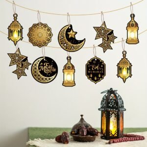 Ensemble de 14 pendentifs noirs et dorés pour Eid Mubarak, ornement lune étoile château, décoration maison Ramadan, cadeaux pour Eid Al-Fitr et Eid Al-Adha, décoration Ramadan Kareem, joyeuses fêtes de Ramadan et Aid Al-Fitr