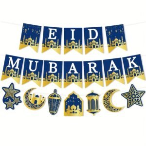 1 Ensemble, Bannière, Drapeau à Tirer Eid Mubarak, Drapeau à Tirer en Papier Bleu Doré Lune Château Étoile Lanterne, Décoration Suspendue Ramadan Kareem, Eid Mubarak, Fournitures de Fête Musulmanes Islamiques, Décoration de Ramadan pour la Maison, Cadeaux d'Aïd al-Fitr