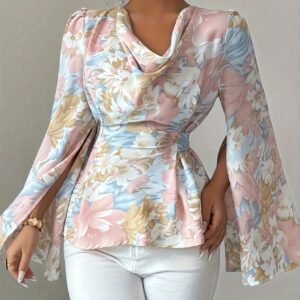 Blouse Élégante Femme Printemps/Été à Imprimé Floral, Col Ruched, Manches Longues avec Fente et Nœud Dos, Idéale pour Bureau et Tenue Quotidienne