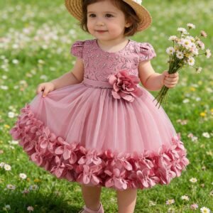 Robe de demoiselle d'honneur élégante rose poudré pour bébés filles, robe de soirée florale en 3D, convient pour le mariage, le bal de promo, le banquet, l'anniversaire, la fête des mères, l'été