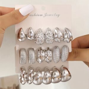 6pcs/18pcs Boucles d'oreilles élégantes en forme de larme et de cerceau en C, Boucles d'oreilles CCB irrégulières uniques, Bijoux d'oreille polyvalents pour le quotidien, les rendez-vous et les soirées pour femmes