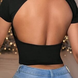 Blouse Femme Dos Nu Sexy - T-Shirt Ajusté Manches Courtes Col Rond, Décontractée et Soirée, Lavable en Machine, Couleur Unie, Haut d'Été, Matière Douce, Style Tendance, Tenue de Week-end