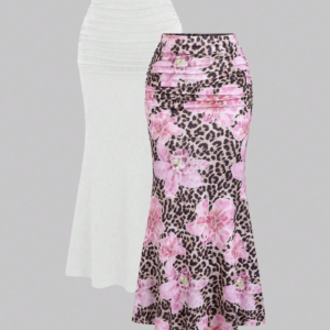 2 pièces Ensemble jupe sirène de couleur unie élégante et jupe à imprimé floral pour femme