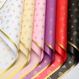 10 feuilles de papier cadeau à bordure dorée avec motif cœur et fleurs, papier doré pour bouquets de fleurs pour fleuristes