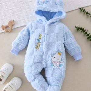 Grenouillère épaisse et chaude pour bébés, idéale pour l'automne et l'hiver, avec un design à capuche moelleux. Cette tenue de 0 à 9 mois est ornée d'un joli patch éléphant 3D et de lettres brodées "HAPPY", parfaite pour les sorties décontractées, en extérieur.