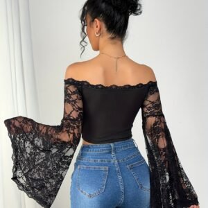 Blouse Femme Épaules Dénudées à Manches Cloche en Dentelle - Coupe Slim Semi-Transparente pour Printemps/Été, Tenue Décontractée et Soirée, Lavable en Machine, Design Tissu Delicat
