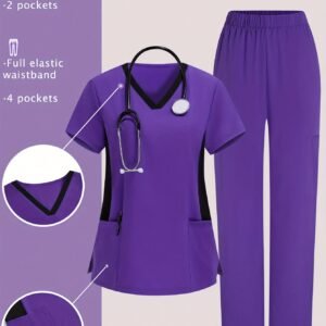 Ensemble de Tenue Médicale TaskFit avec Haut à Col en V et Pantalon aux Couleurs Contrastées