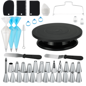 Ensemble de 129 pièces de douilles en acier inoxydable avec plateau tournant à gâteau, comprend 24 douilles, 1 plateau tournant à gâteau, 2 sacs à douille réutilisables, 50 sacs à douille, 3 spatules à glaçage, 1 brosse de nettoyage, 2 connecteurs, 40 moules à cupcakes, 1 séparateur de couches, 3