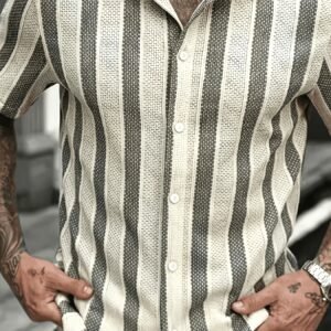 Chemise Homme Coupe Slim à Manches Courtes, Version Tendance, Déplacement Estival, Rafraîchissante et Élégante, Haut Amincissant [Motif Imprimé - Sans Texture]