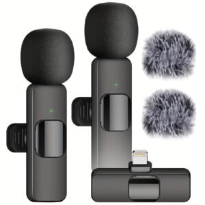 Microphone Lavalier sans Fil Compatible avec iPhone Lightning, iPad et Android USB-C. Ce microphone à pince est sans fil, facile à utiliser et parfait pour l'enregistrement audio et vidéo, le streaming en direct et les interviews.
