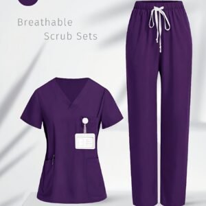 Ensemble de blouse médicale élégant violet à col en V | Tissu confortable non extensible, haut à manches courtes avec poches multiples et pantalon long évasé, léger et facile à porter