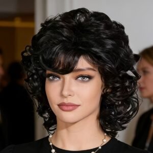 Perruque explosive à frange roulée pour femmes, style court rétro noir de 30,48 cm, laine épaisse résistante aux hautes températures, peu frisottante, idéale pour un look rétro, les spectacles, le cosplay, les soirées, et un usage quotidien pour femmes d'âge moyen et âgées.