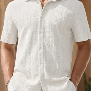 Chemise à manches courtes pour homme en tissu jacquard, minimaliste et polyvalente, légère, texturée et respirante pour l'été