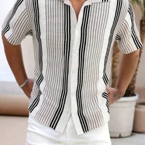 Lingjujujue Sélection Homme Été Décontracté Rayé Tricot Col Boutonné Pull