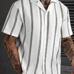 Homme | Texture Respirante | Chemise à Manches Courtes Rayée Col Cubain | Vêtement Décontracté d'Été / Vacances