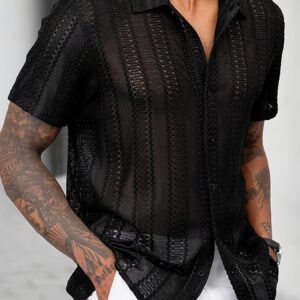 Chemise à manches courtes en maille noire ajourée à revers pour homme, mode décontractée