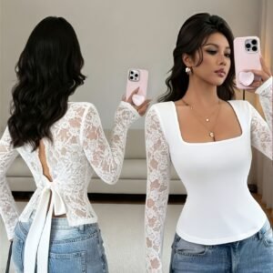 Haut blanc à manches longues en dentelle pour femme, chemise coupe ajustée à encolure carrée avec découpe dans le dos et lacets, haut à manches transparentes en dentelle florale coupe ajustée, streetwear décontracté et élégant